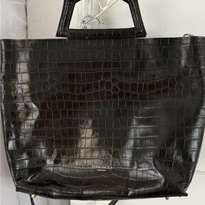 Anna Paola Glossy Large Black Croc-Embossed Tote